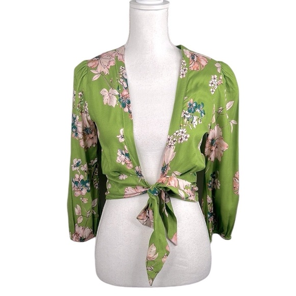 Sun Becomes Her Green Floral Boho Festival Hippie Wrap Cropped Top Size 4 - Picture 1 of 7